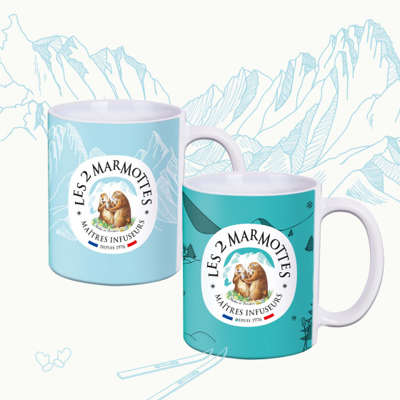 2 mugs Les 2 Marmottes bleu pâle et bleu lagon, idée cadeau pour fans de tisane et de montagne