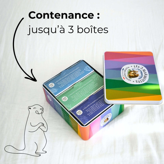 La boîte métal (vendue vide) peut contenir 3 boîtes d'infusions des marmottes) La boîte métal (vendue vide) peut contenir 3 boîtes d'infusions des marmottes)