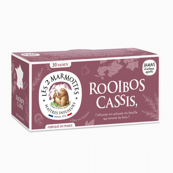 Infusion rooibos et feuilles de cassis - thé rouge roibosbio - Les 2 Marmottes - Made in France - Sans arômes ajoutés