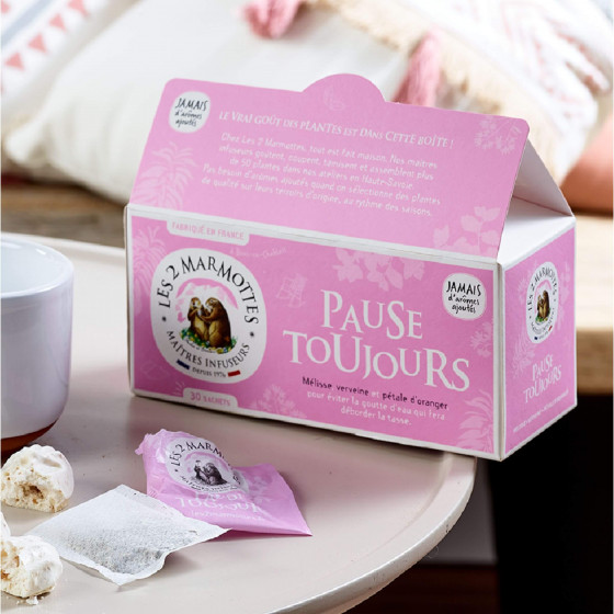 Tisane Pause Toujours mélisse verveine pétales d'oranger Les 2 Marmottes - Made in France - Sans arômes ajoutés