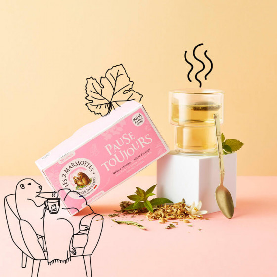 Tisane mélisse verveine pétales d'oranger Pause Toujours Les 2 Marmottes - Made in France - Sans arômes ajoutés