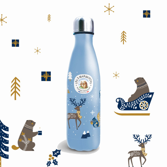 Gourde isotherme bleu pâle Noël illustrée d'un logo les 2 marmottes