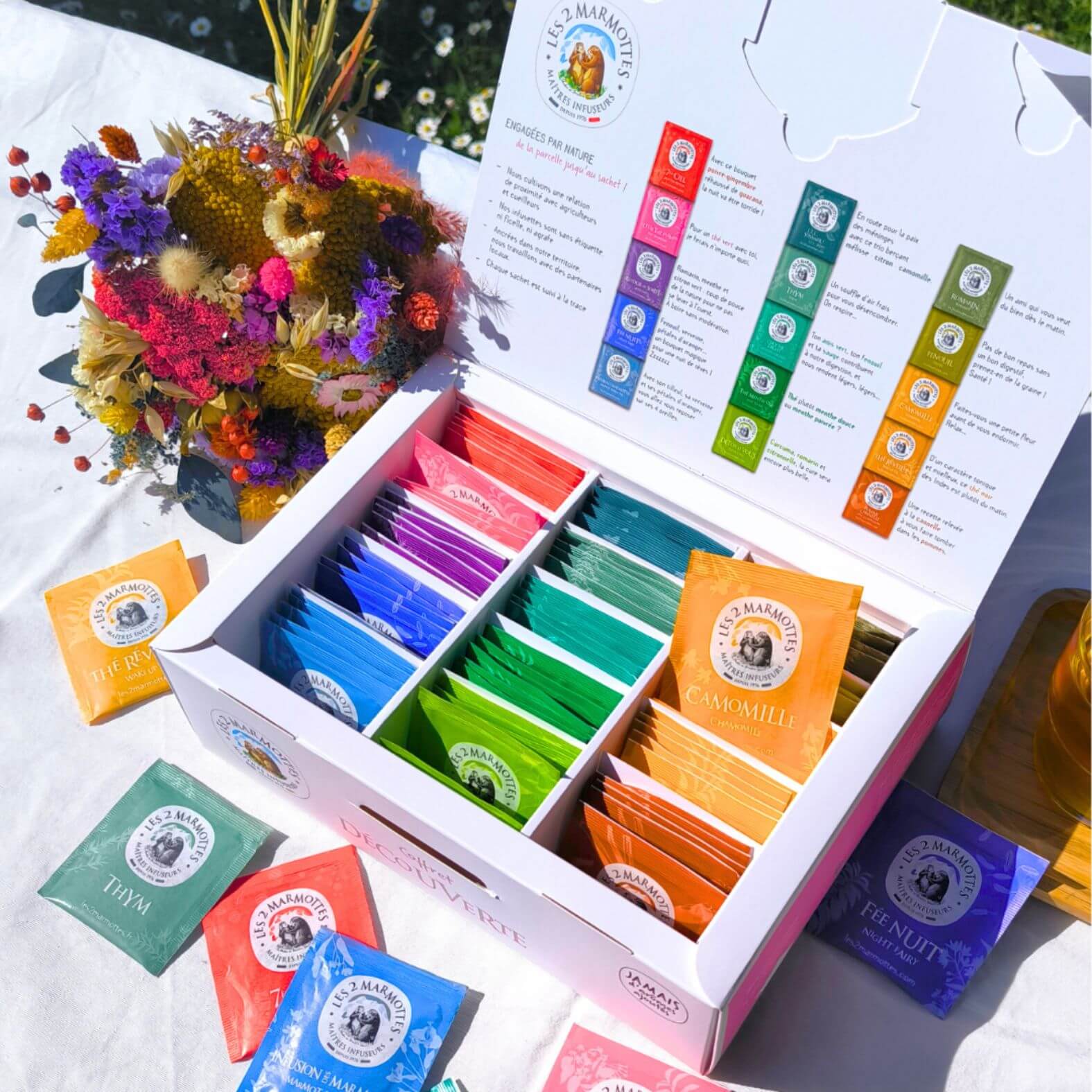 Assortiment 15 parfums d'infusions et thés dans un coffret cadeau : le Coffret Découverte Les 2 Marmottes